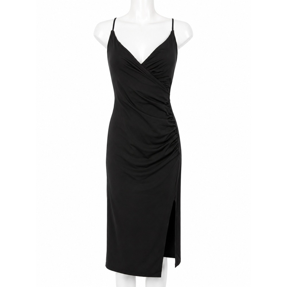 Halara Black Ruched Surplice Midi Dress Lace Up Back Side Slit Medium NWT